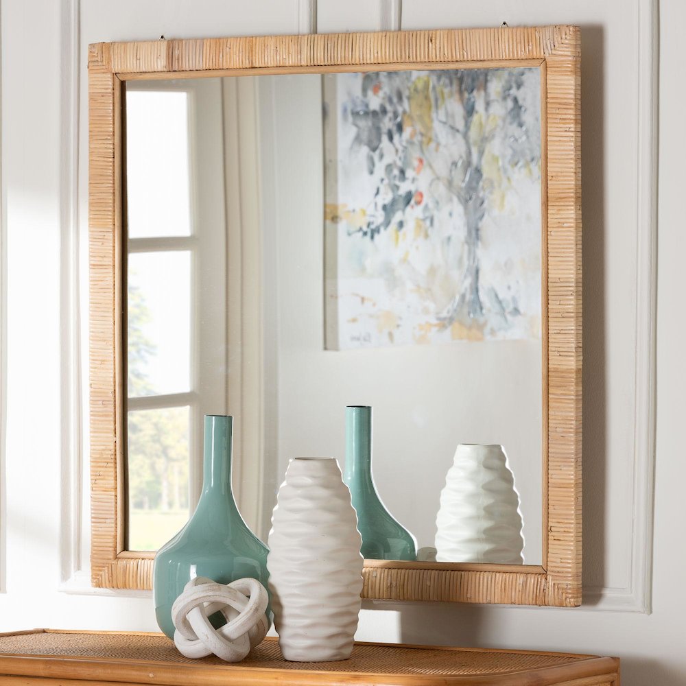 Lankston Bohemian Natural Rattan Square Accent Wall Mirror. Picture 5