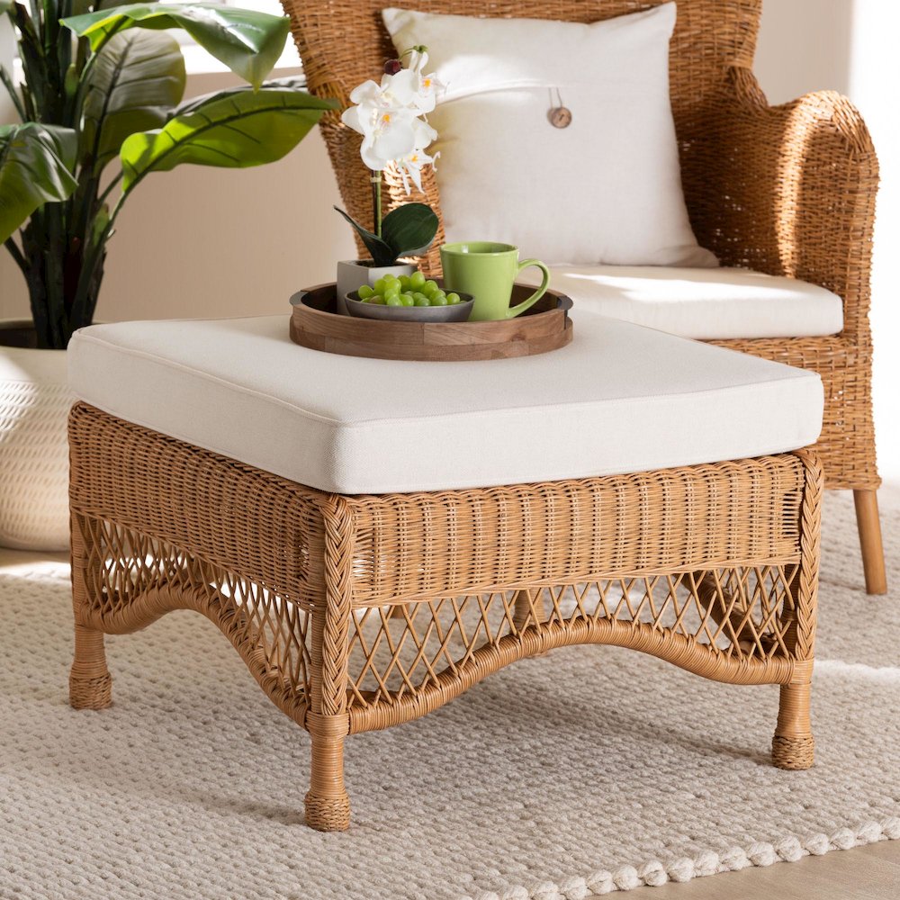 Brooklyn Bohemian Light Honey Braided Rattan Ottoman Stool. Picture 9