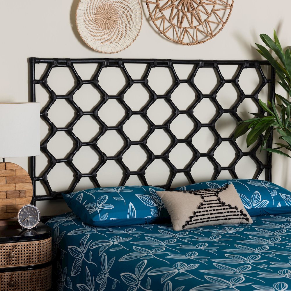 Revonda Bohemian Black Rattan Queen Size Standalone Headboard. Picture 8