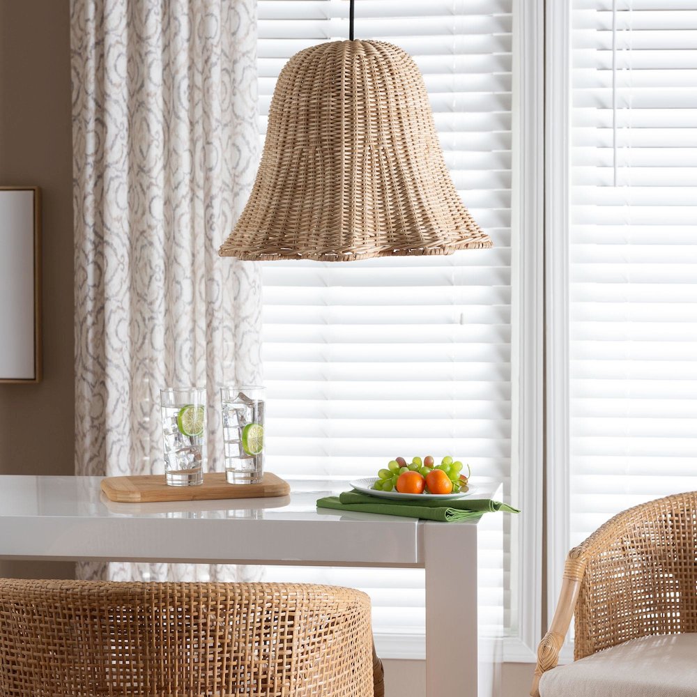 Semira Bohemian Natural Scalloped Rattan Pendant Lampshade. Picture 7