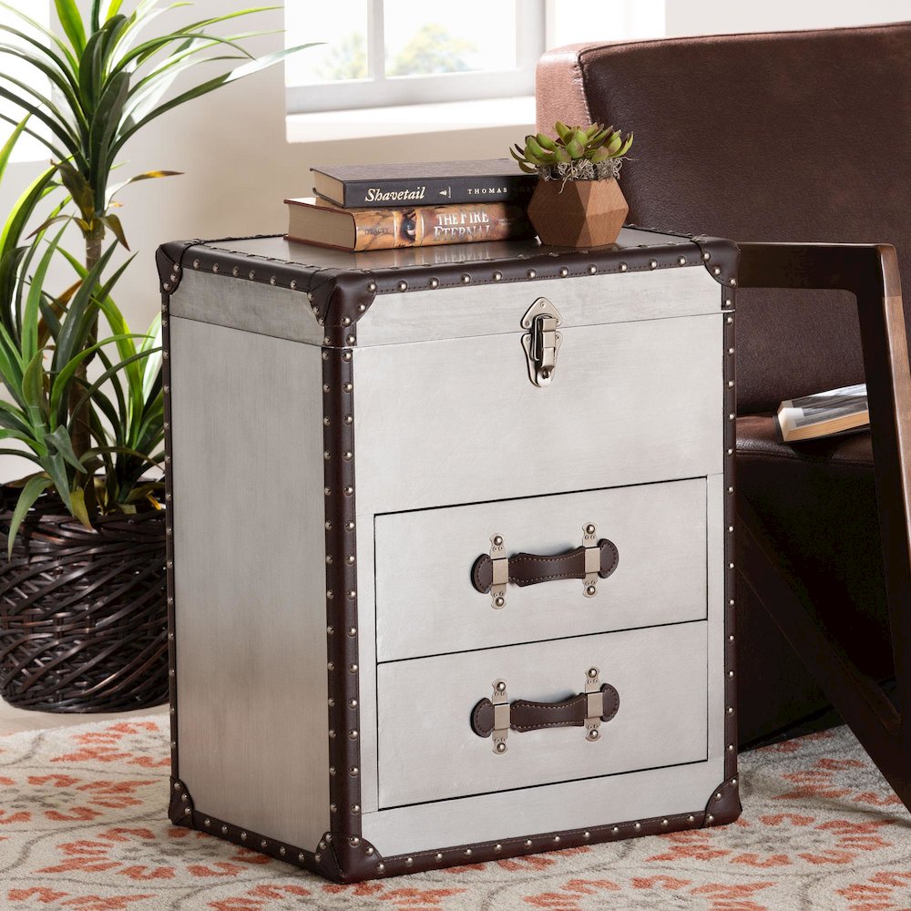 Calidore Vintage Silver Metal 2-Drawer End Table. Picture 12
