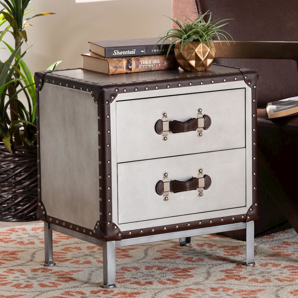 Jacey Vintage Silver Metal 2-Drawer End Table. Picture 12