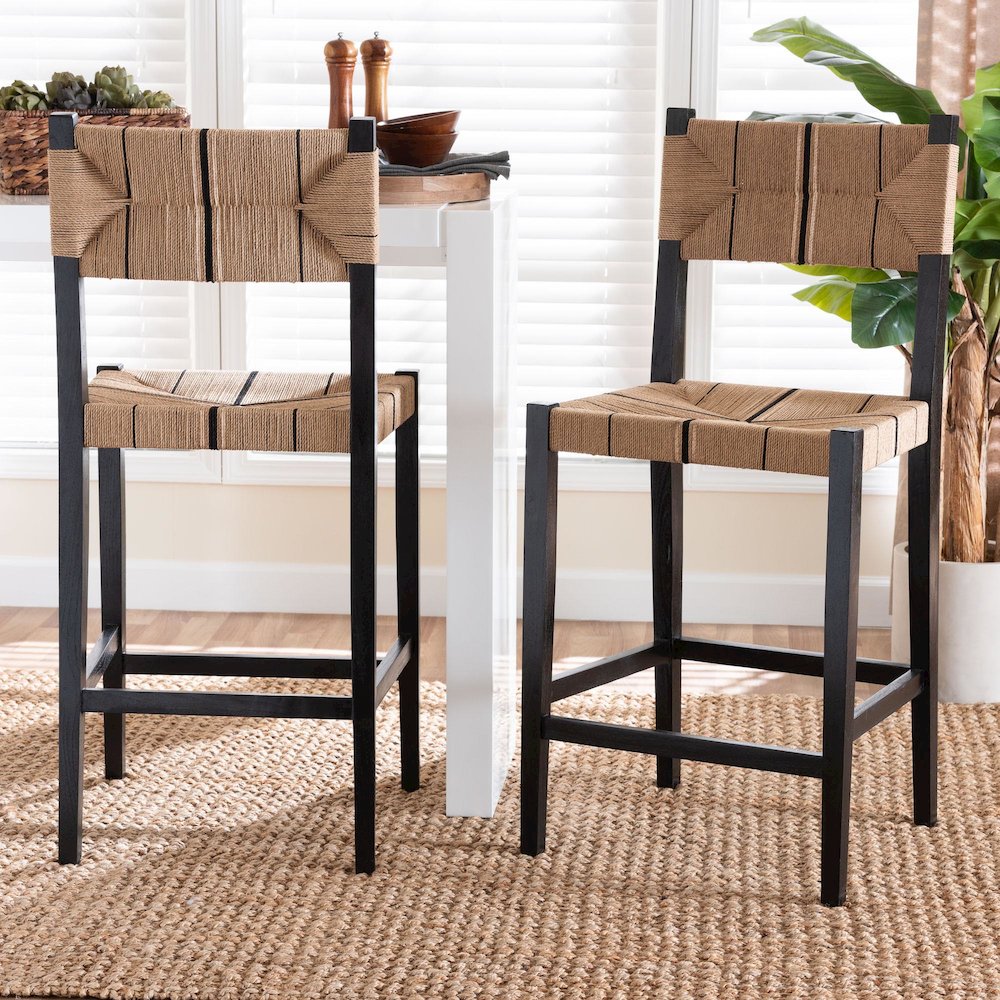 Prita Bohemian Paper Loom and Black Mahogany Wood 2-Piece Bar Stool Set. Picture 10