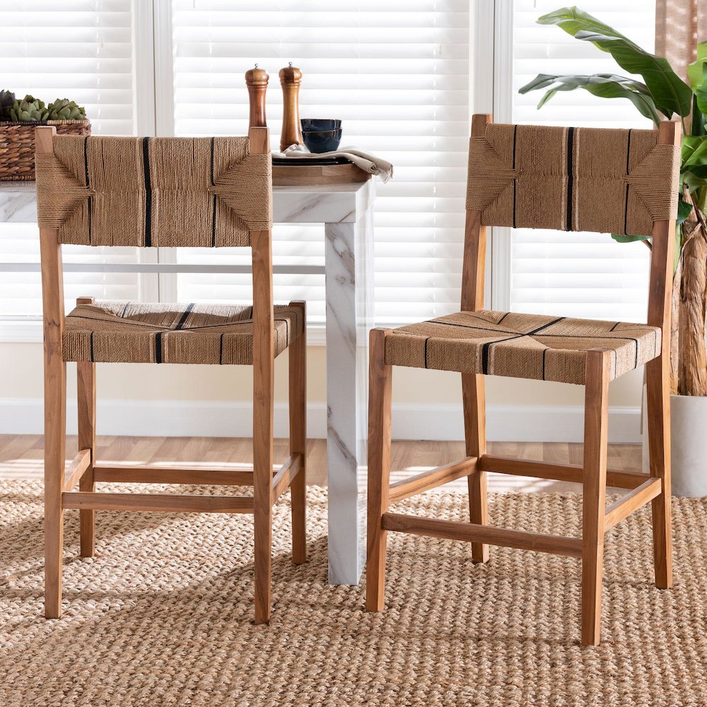 Prita Bohemian Paper Loom and Natural Mahogany Wood 2-Piece Counter Stool Set. Picture 10