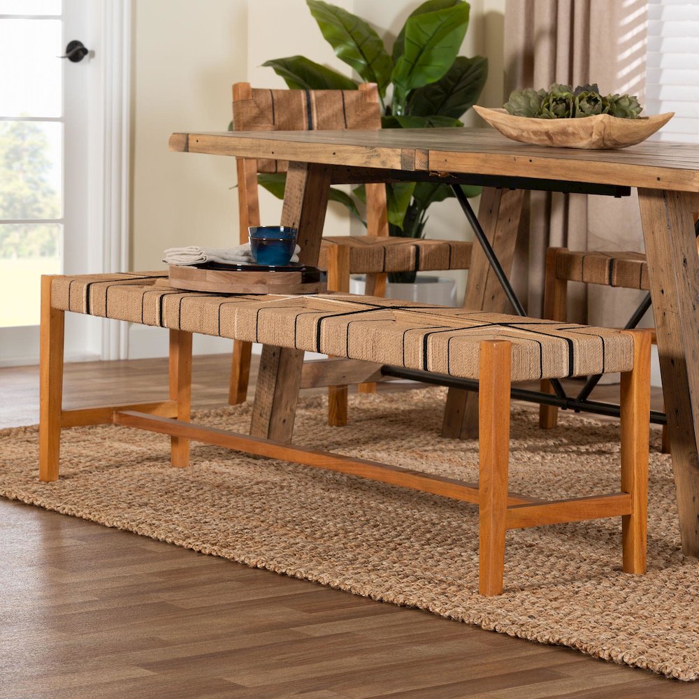 Prita Bohemian Paper Loom and Natural Mahogany Wood Dining Bench. Picture 14