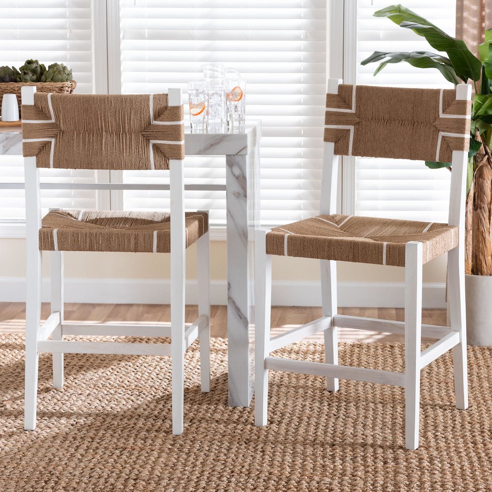 Talli Bohemian Paper Loom and White Mahogany Wood 2-Piece Counter Stool Set. Picture 9