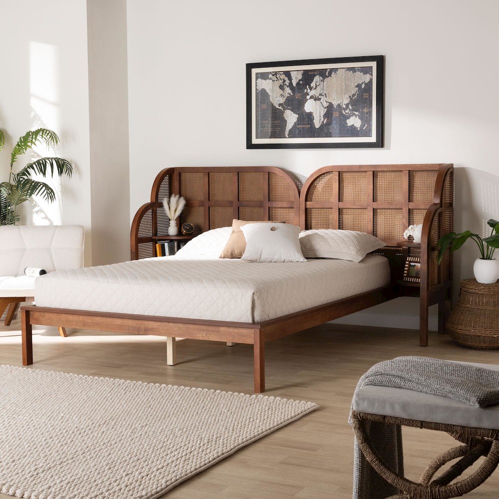 Cascadia Mid-Century Modern Walnut Brown Wood Queen Size Wingback Platform Bed. Picture 11