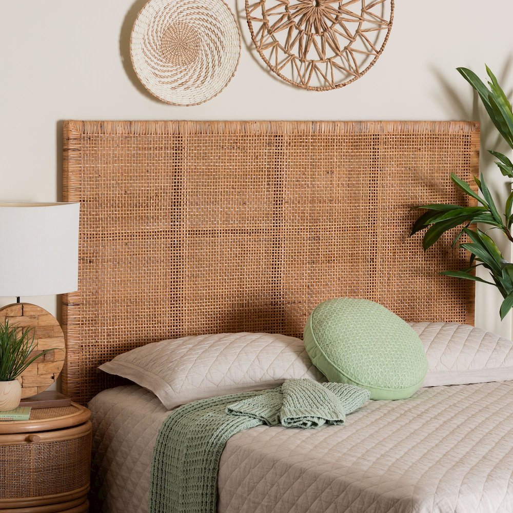 Lesia Bohemian Natural Rattan and Mahogany Wood Queen Size Headboard. Picture 7
