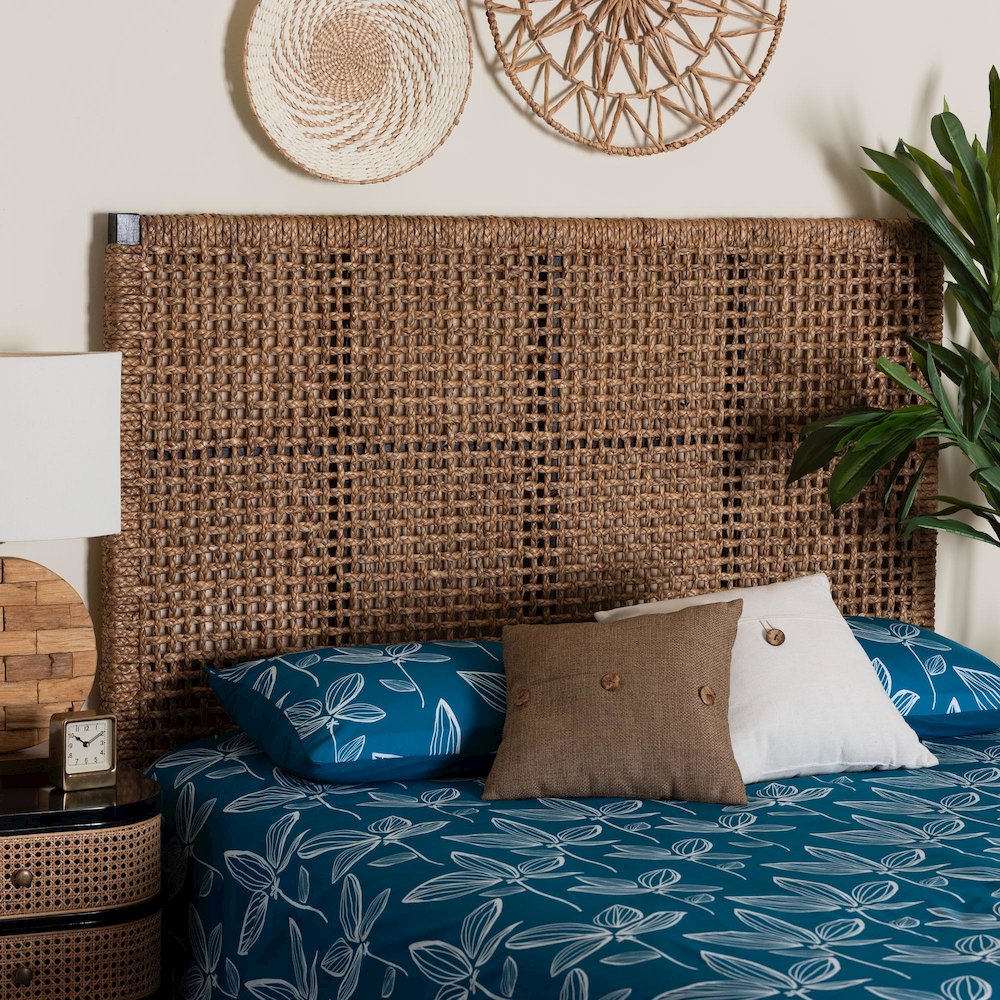 Alise Bohemian Seagrass and Dark Brown Mahogany Wood King Size Headboard. Picture 8