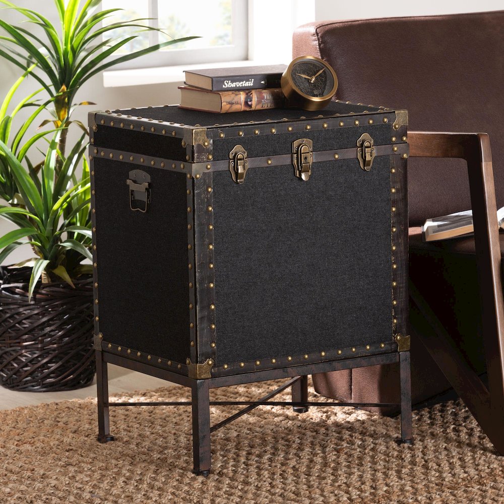 Laura Vintage Black Canvas Lift-Top Trunk End Table. Picture 13