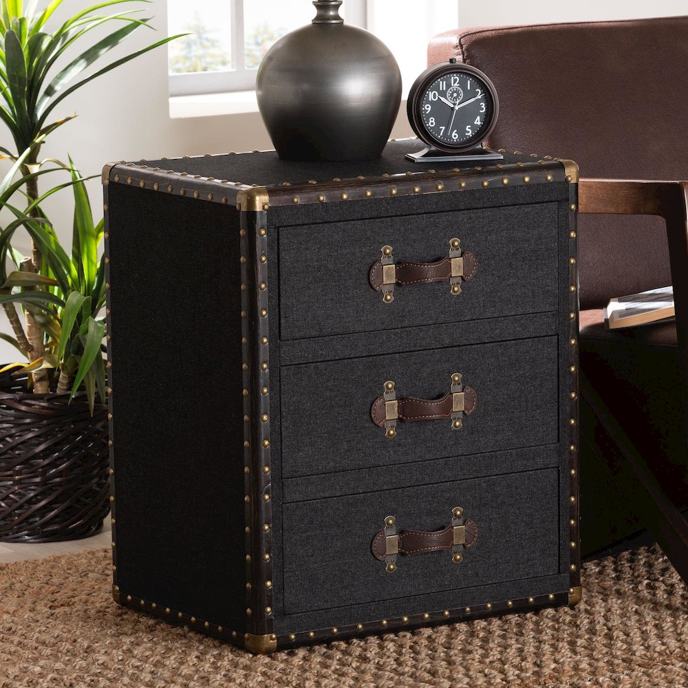 Mallison Vintage Black Canvas 3-Drawer End Table. Picture 12