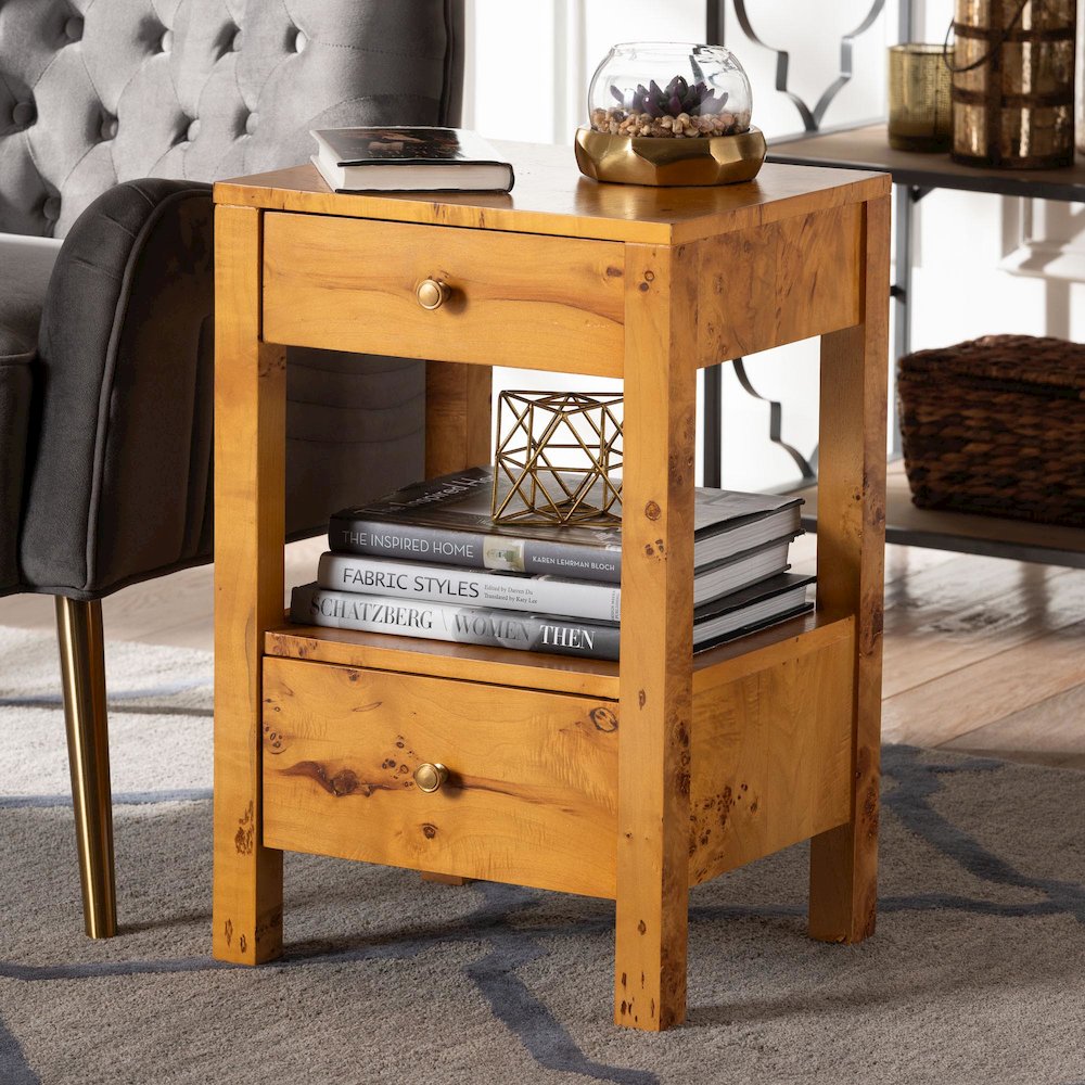 Modern and Contemporary Natural Light Mappa Real Burl Wood 2-Drawer Nightstand. Picture 11