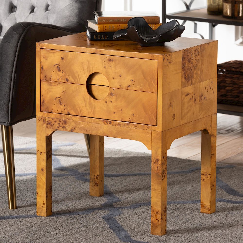 Modern and Contemporary Natural Light Mappa Real Burl Wood 2-Drawer Nightstand. Picture 11