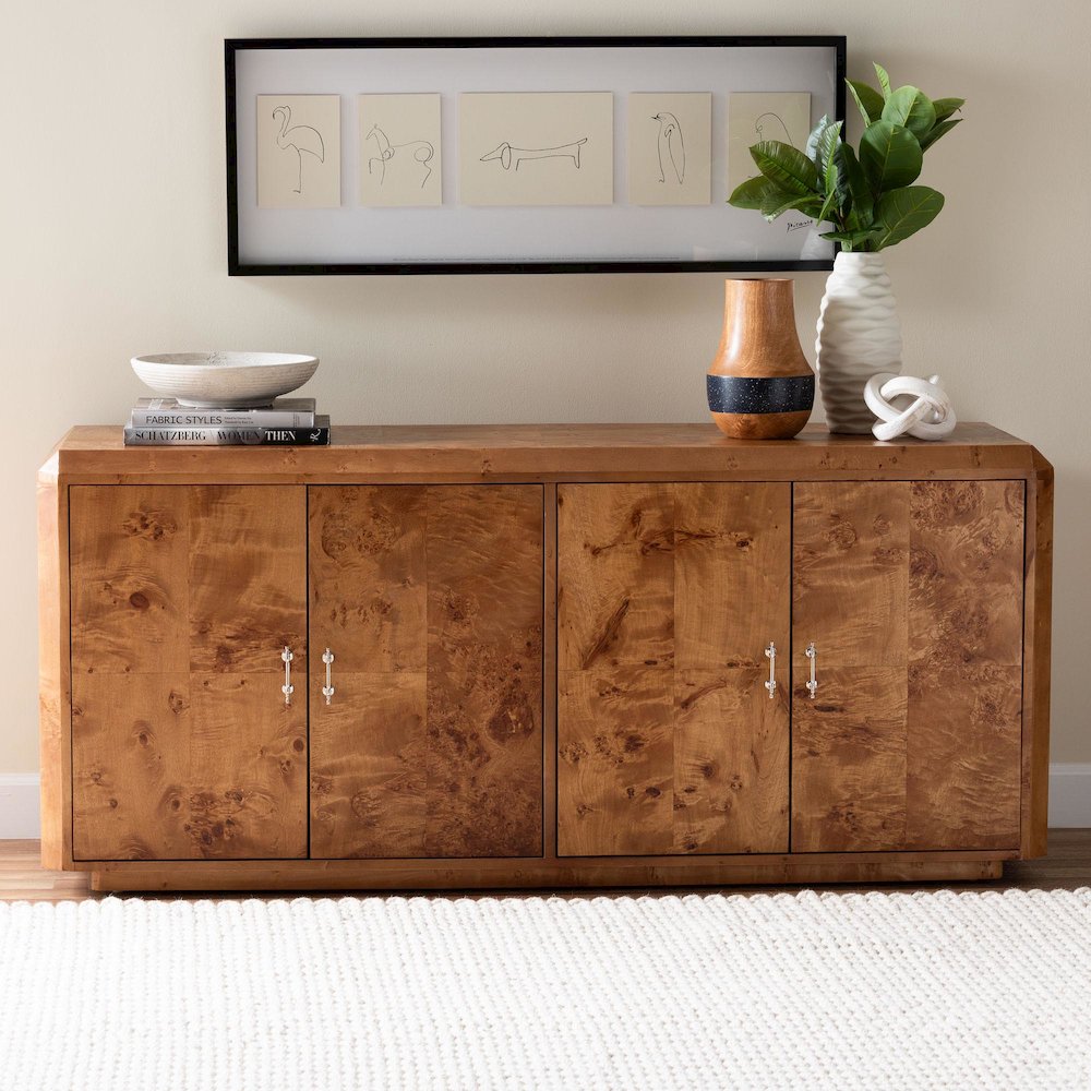 Modern and Contemporary Natural Mappa Real Burl Wood 4-Door Sideboard Buffet. Picture 9