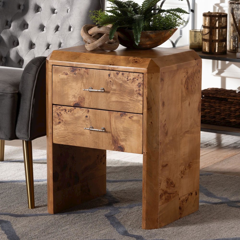 Nebu Modern and Contemporary Natural Mappa Real Burl Wood Nightstand. Picture 11