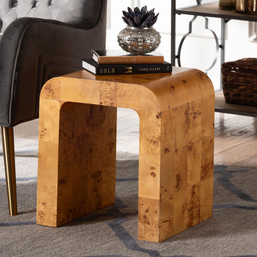 Revelle Modern and Contemporary Natural Light Mappa Real Burl Wood End Table. Picture 9