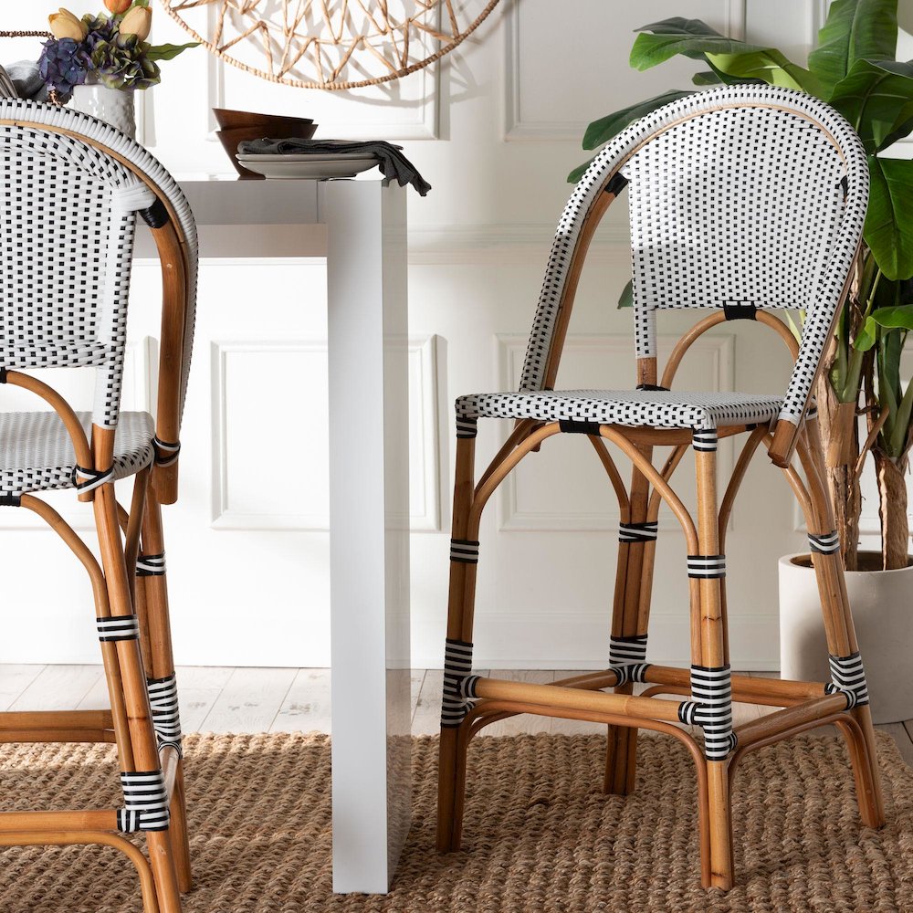 Two-Tone Black and White Weaving and Natural Rattan Bar Stool. Picture 11
