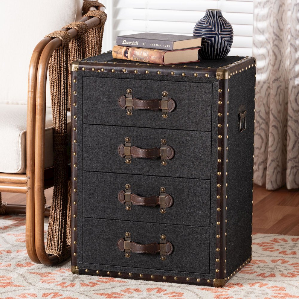Studio Jaelyn Vintage Black Canvas 4-Drawer End Table. Picture 13