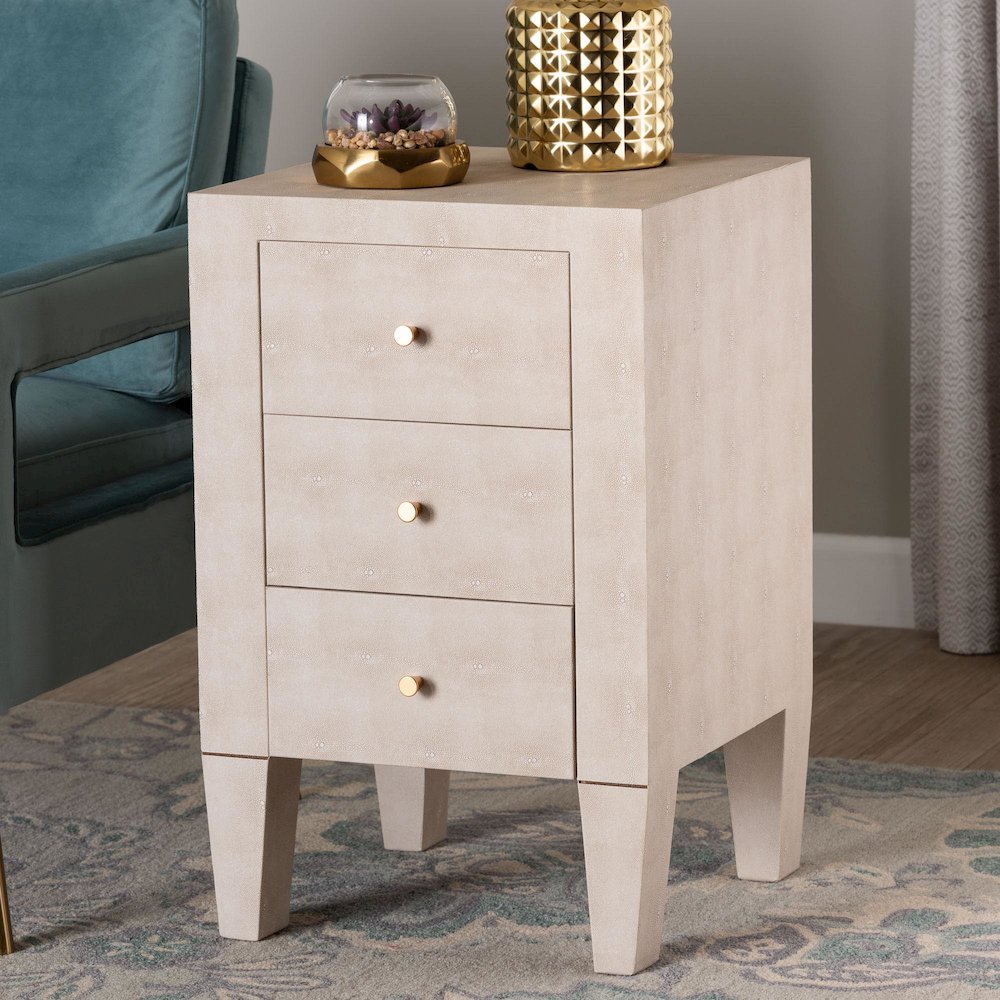 Leyna Modern Beige Faux Shagreen 3-Drawer End Table. Picture 12