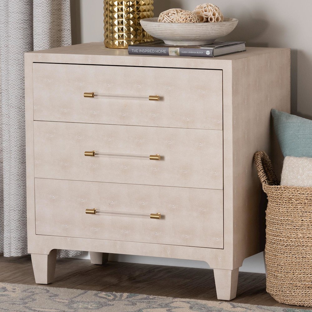 Nira Modern Beige Faux Shagreen 3-Drawer Storage Cabinet. Picture 11