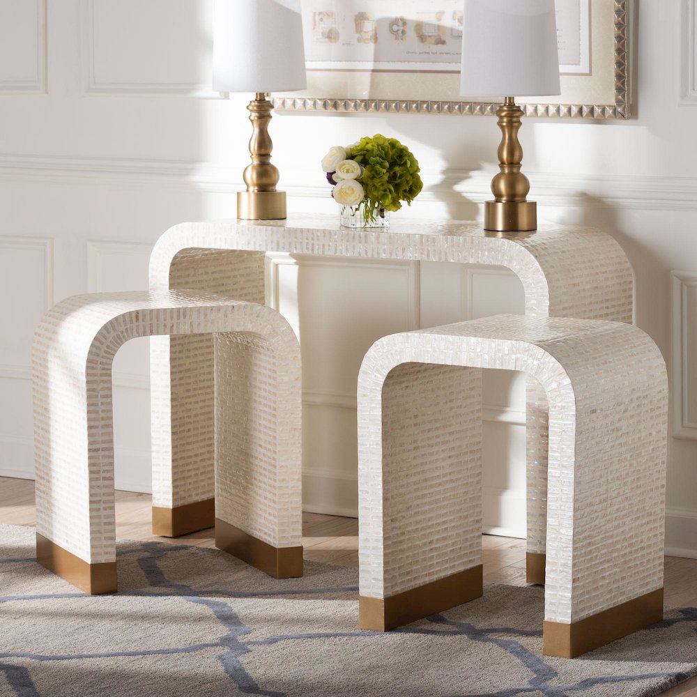 Coastal Beige and White Mother of Pearl Capiz Shell 3-Piece Accent Table Set. Picture 11
