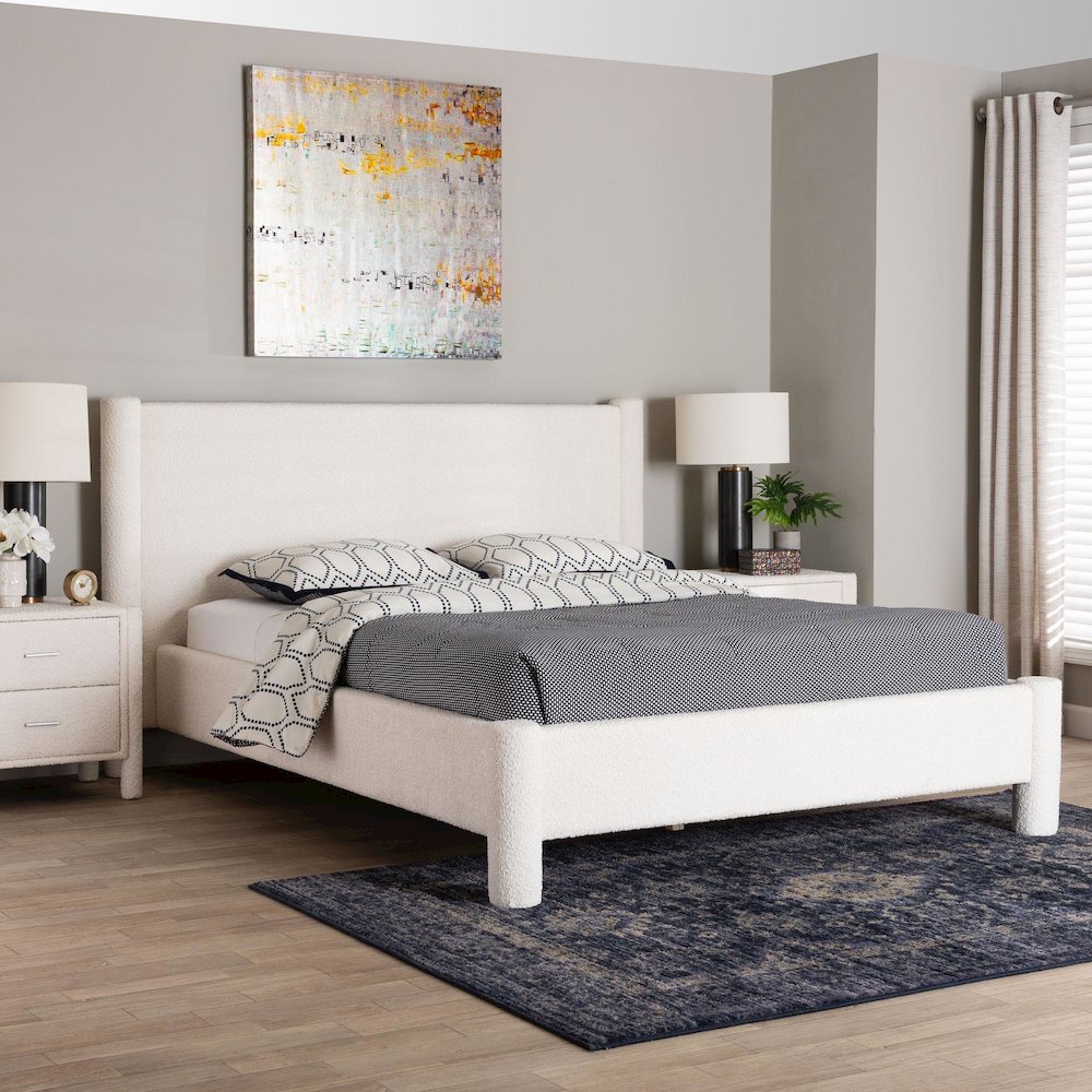 Laria Modern White Teddy-Bear Fabric King Size Platform Bed. Picture 7
