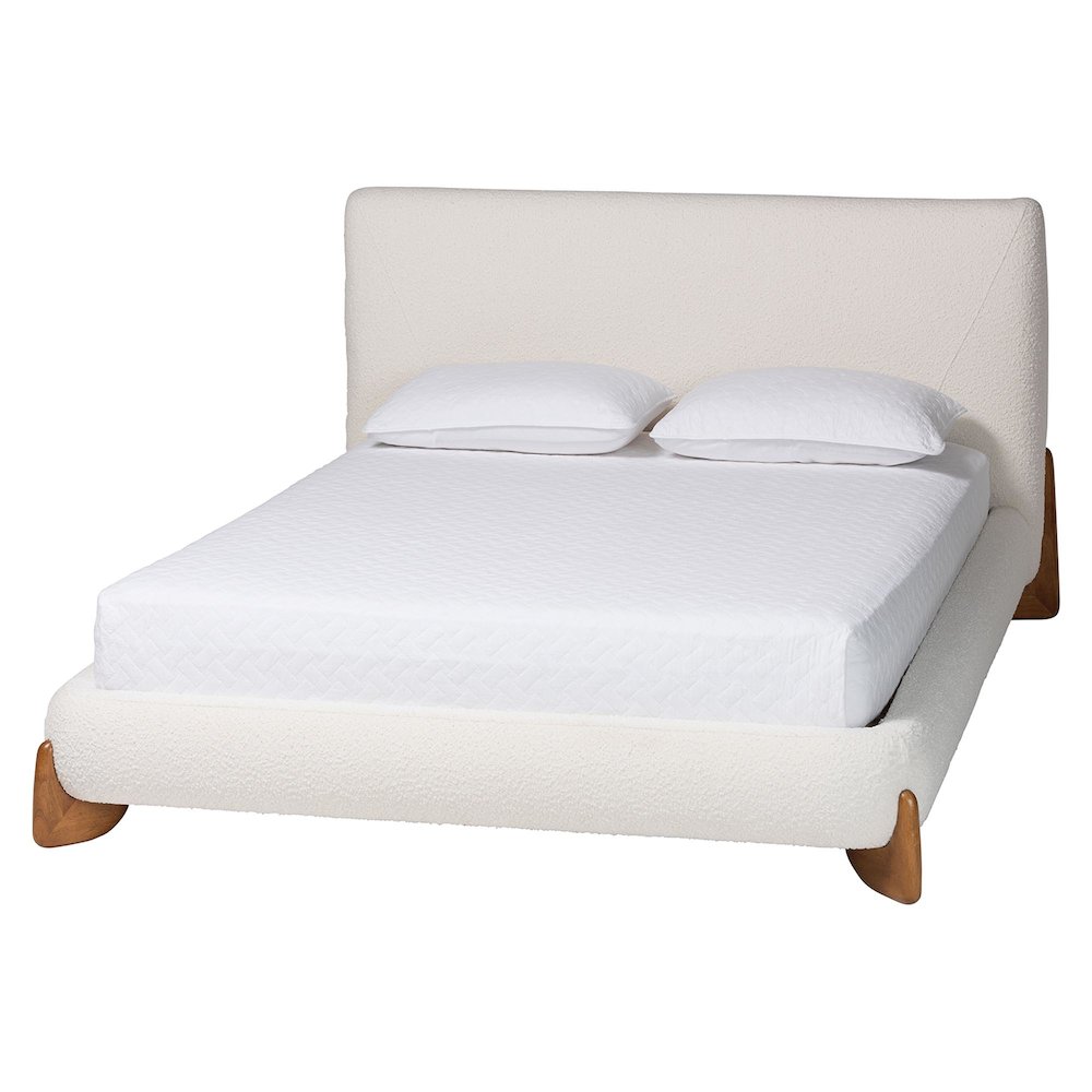 Vinicio Mid-Century Modern Cream Boucle King Platform Bed. Picture 1