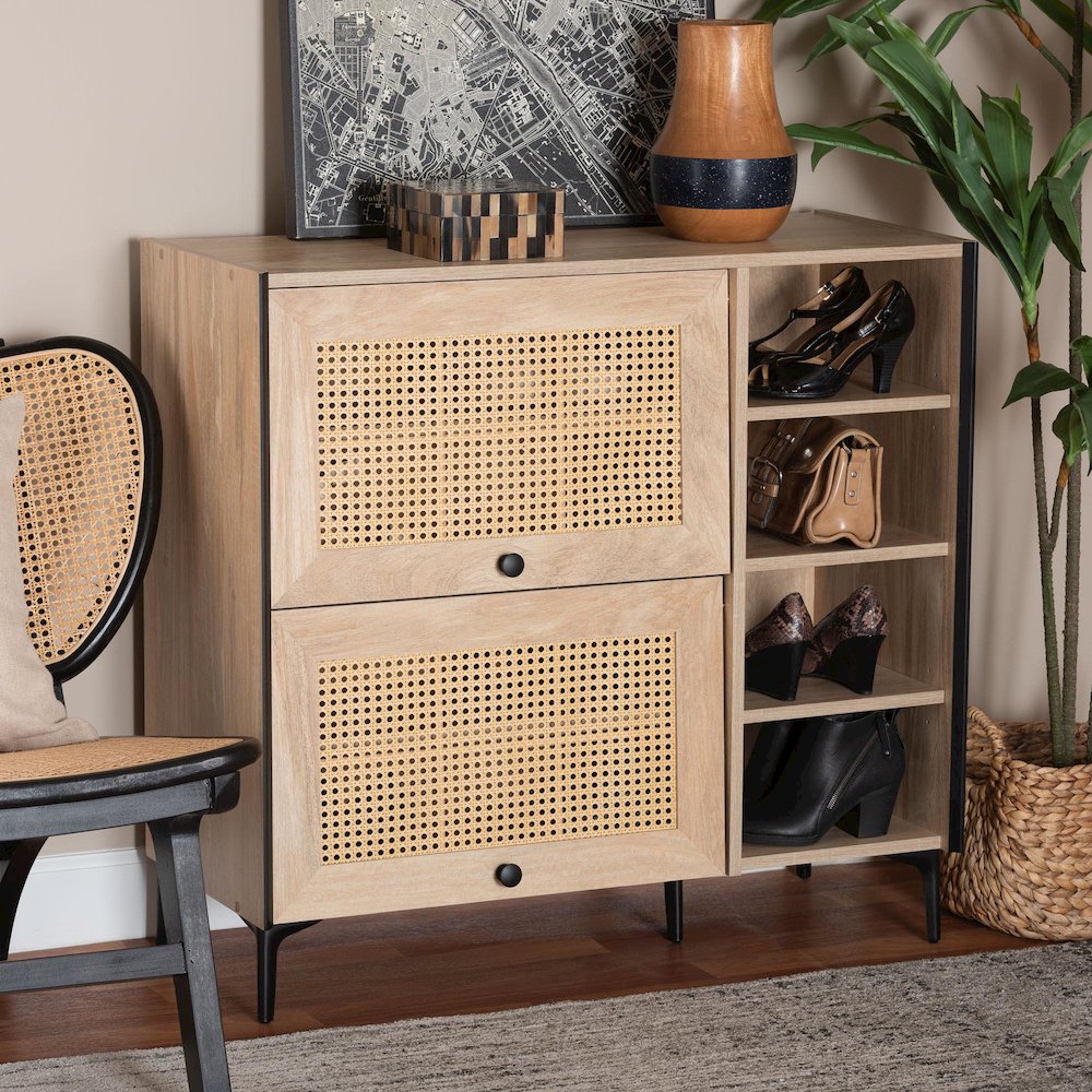 Studio Malcolm Mid-Century Modern Oak Brown Wood Shoe Cabinet with Flipper Doors. Picture 12