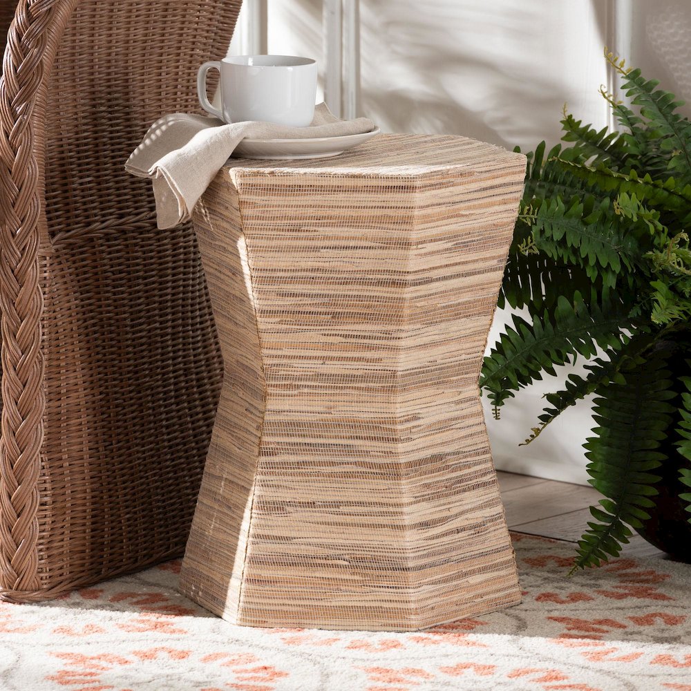 Idana Bohemian Woven Grasscloth Hourglass End Table. Picture 6