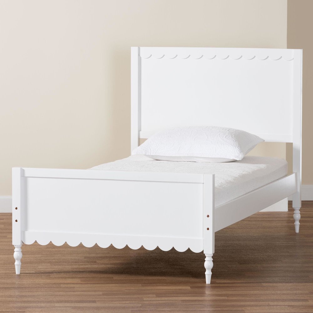 Roni Modern White Wood Full Platform Bed with Scalloped Edges. Picture 8