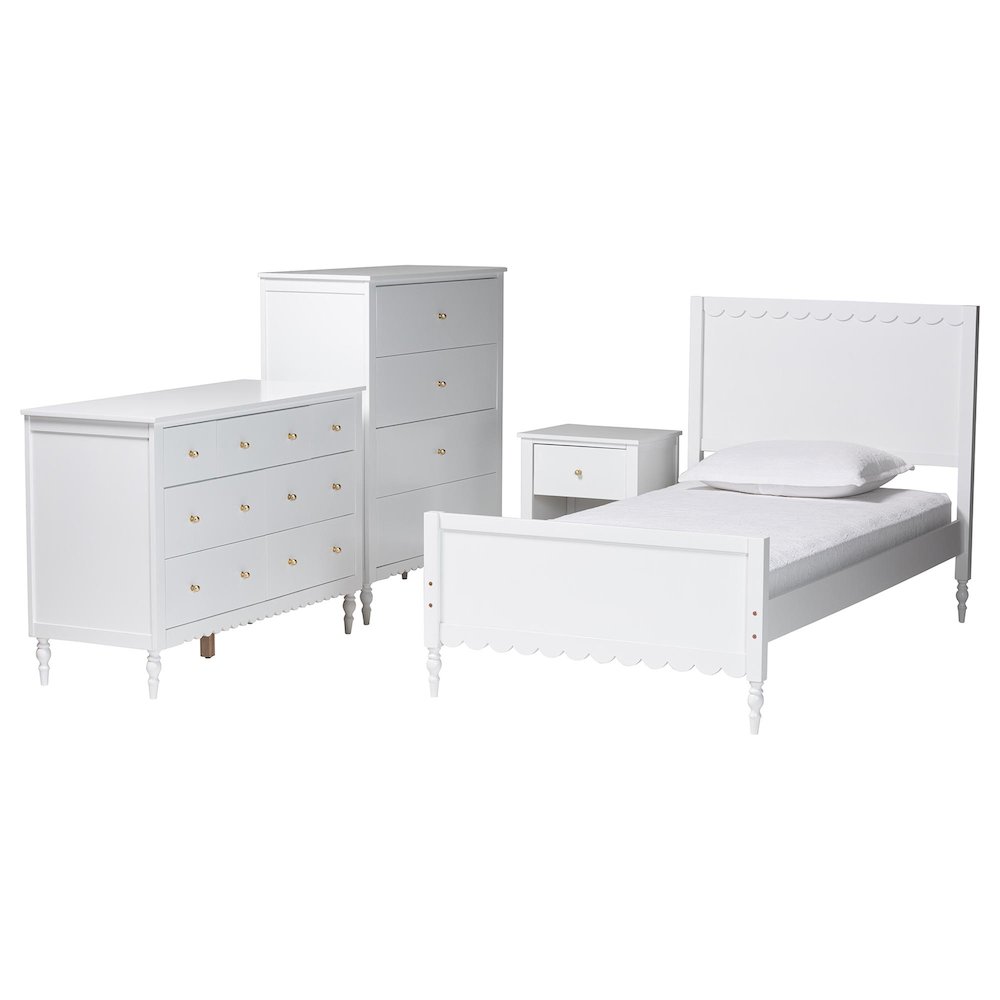 Roni Modern White Wood 4-Piece Full Bedroom Set with Scalloped Edges. Picture 1