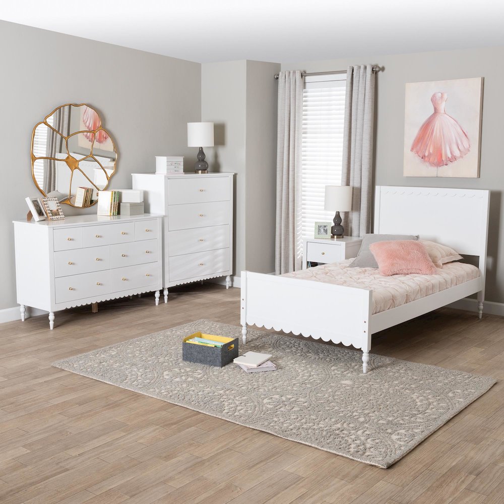 Roni Modern White Wood 4-Piece Full Bedroom Set with Scalloped Edges. Picture 12