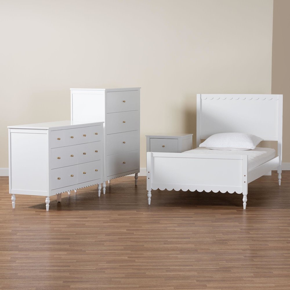 Roni Modern White Wood 4-Piece Full Bedroom Set with Scalloped Edges. Picture 13