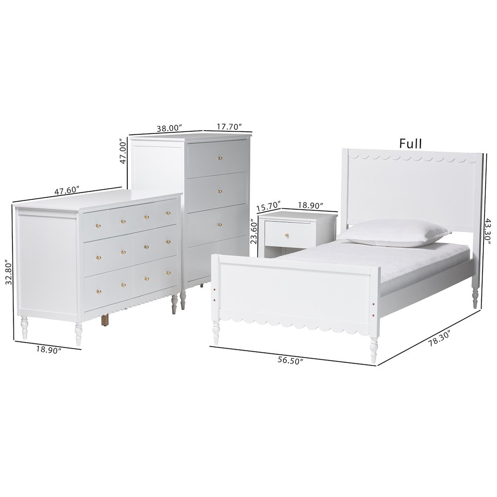 Roni Modern White Wood 4-Piece Full Bedroom Set with Scalloped Edges. Picture 15