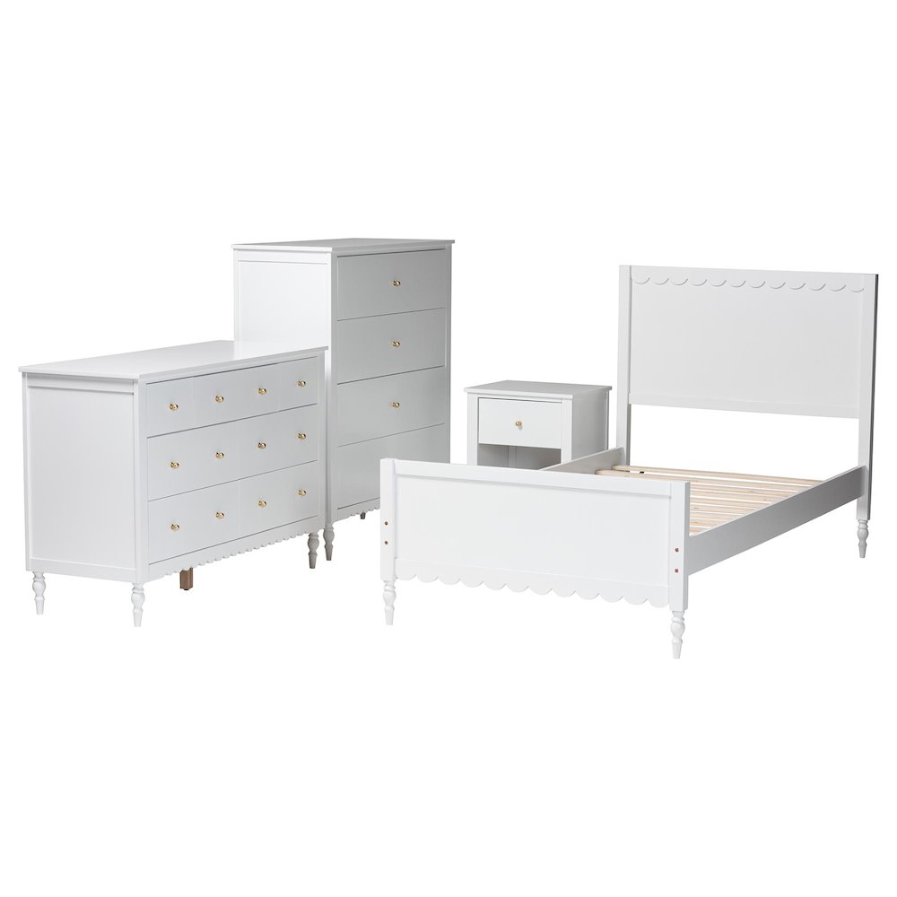 Roni Modern White Wood 4-Piece Full Bedroom Set with Scalloped Edges. Picture 2