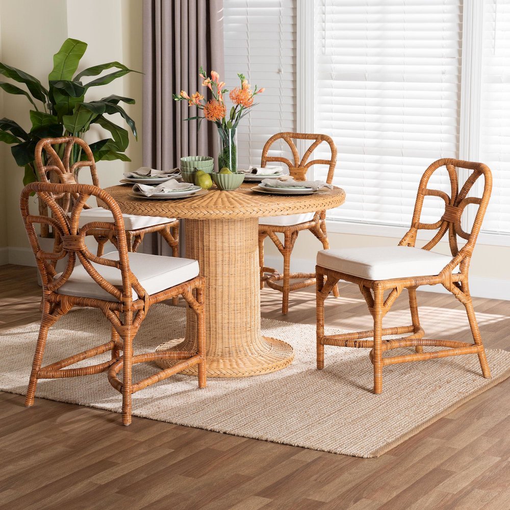 5-Piece Dining Set -Round Wicker Table,Pedestal Base, 4 Side Chairs, Light Honey. Picture 10