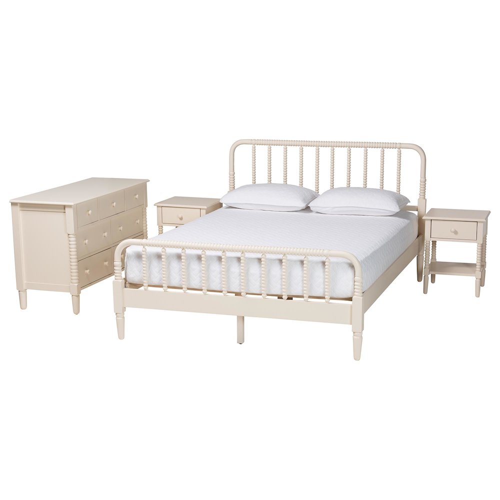 Baxton Studio Braith Farmhouse Ivory Spindle Wood King Size 4-Piece Bedroom Set. Picture 1
