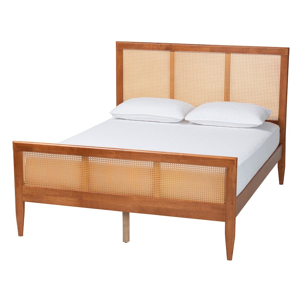 Walthard Mid-Century Light Walnut King Platform Bed with Woven Rattan. Picture 1