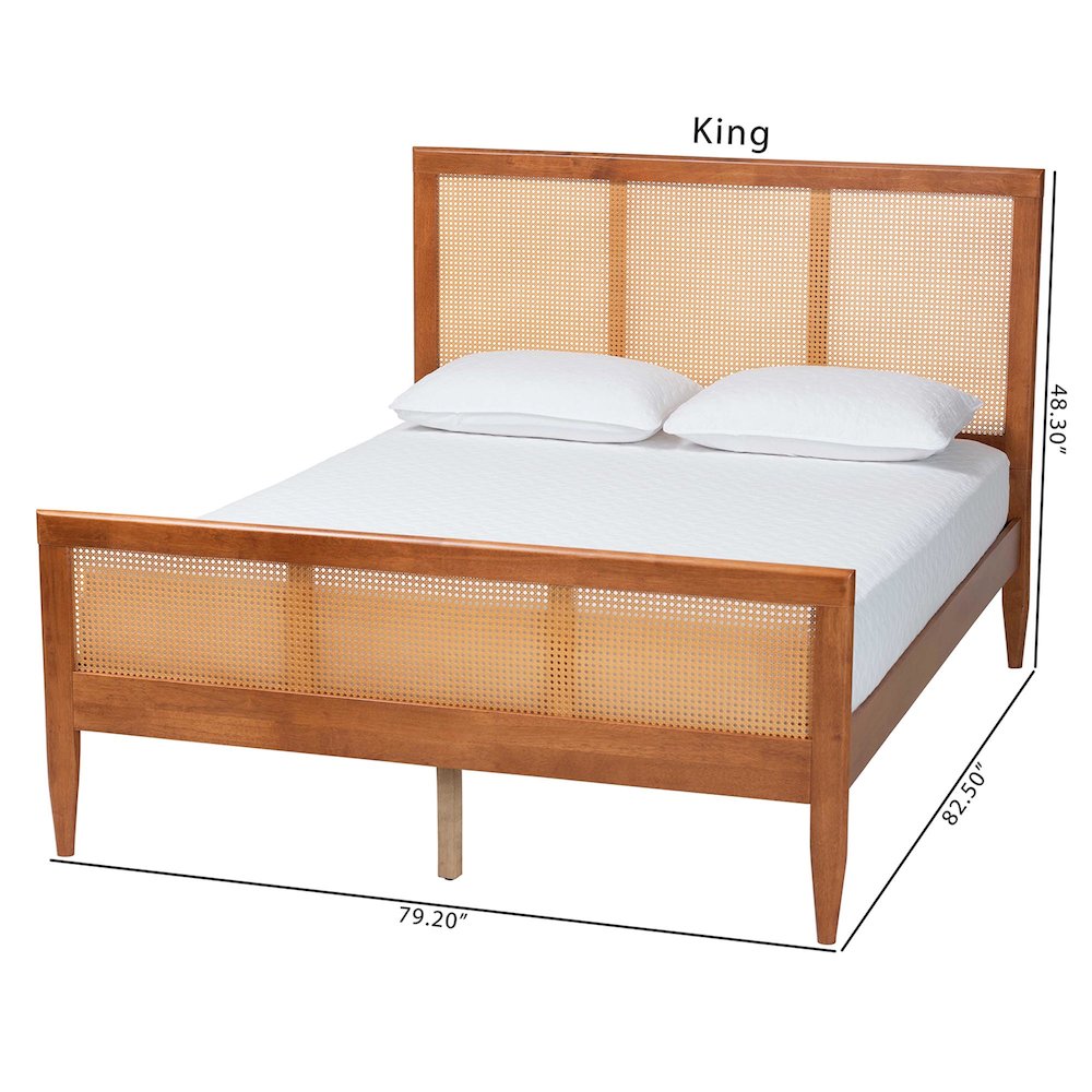 Walthard Mid-Century Light Walnut King Platform Bed with Woven Rattan. Picture 10
