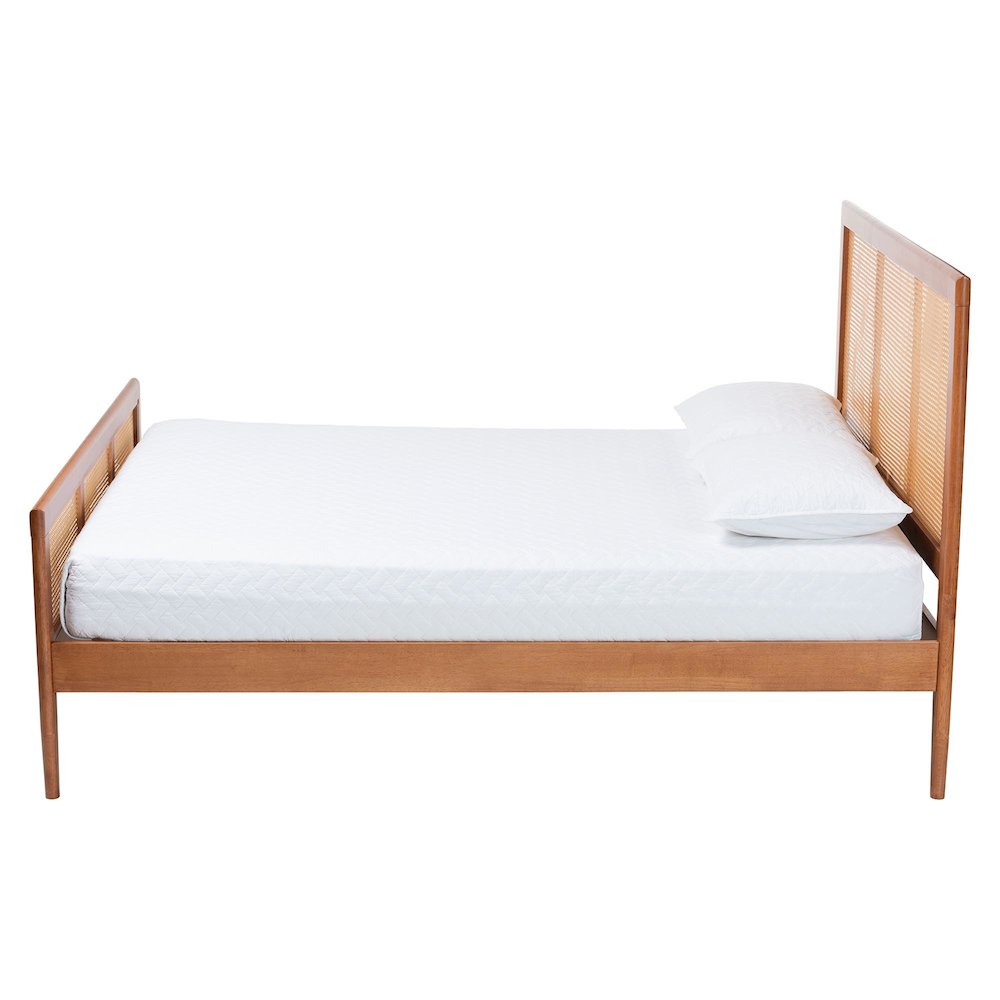 Walthard Mid-Century Light Walnut King Platform Bed with Woven Rattan. Picture 2