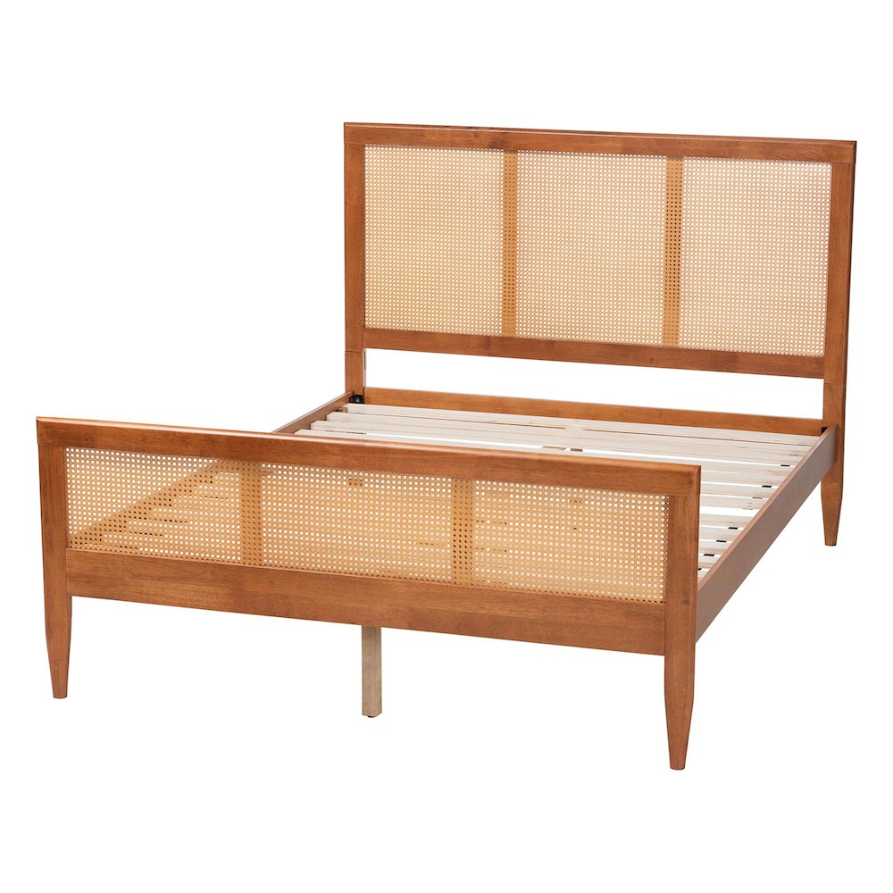 Walthard Mid-Century Light Walnut King Platform Bed with Woven Rattan. Picture 3