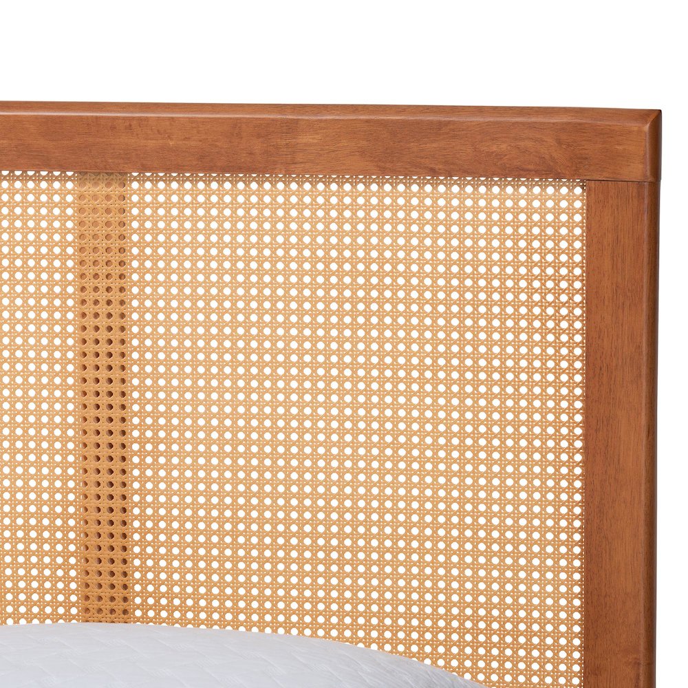 Walthard Mid-Century Light Walnut King Platform Bed with Woven Rattan. Picture 4