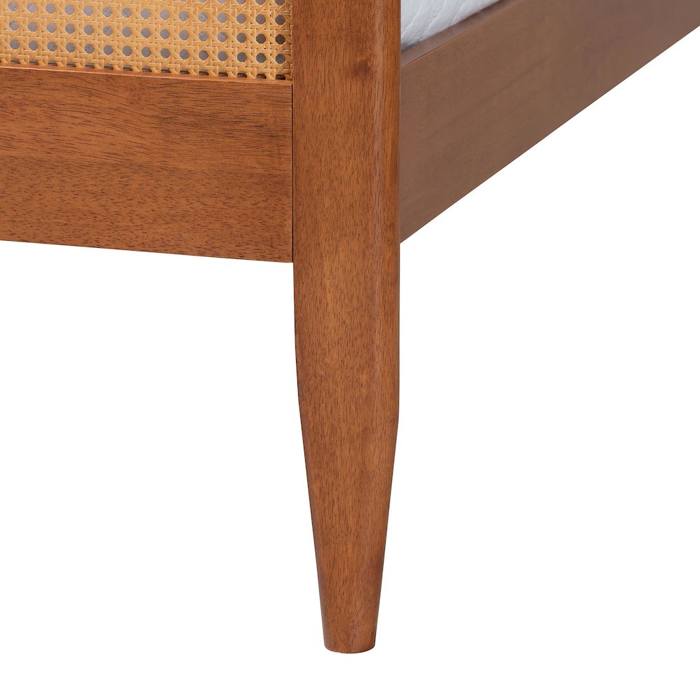 Walthard Mid-Century Light Walnut King Platform Bed with Woven Rattan. Picture 5