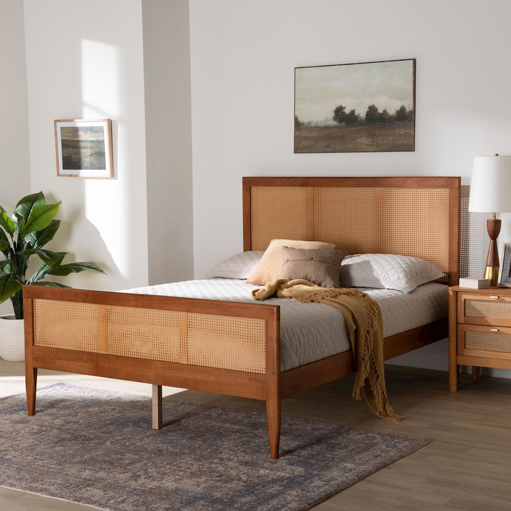 Walthard Mid-Century Light Walnut King Platform Bed with Woven Rattan. Picture 7