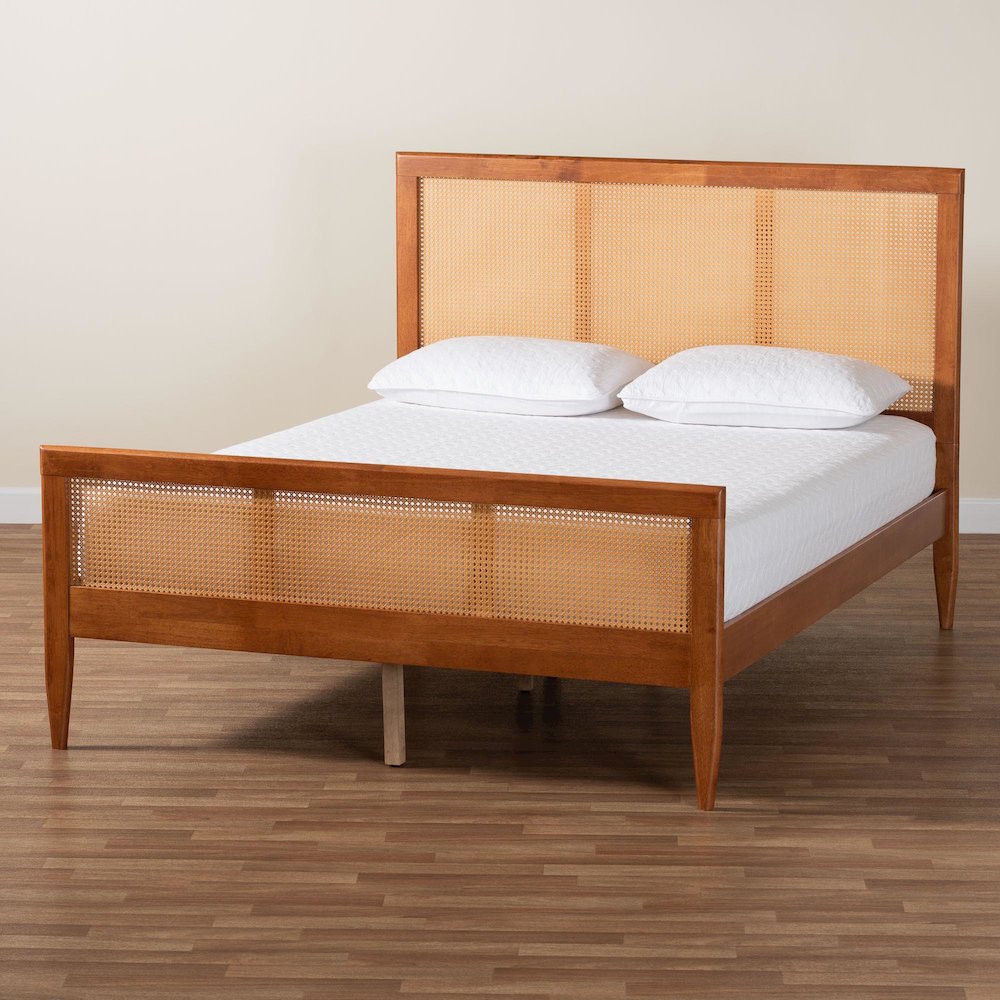 Walthard Mid-Century Light Walnut King Platform Bed with Woven Rattan. Picture 8