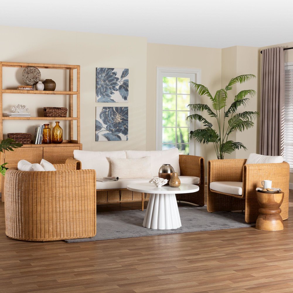 Natural Rattan 3-Piece Living Room Set - Lounge Sofa and Armchairs. Picture 8