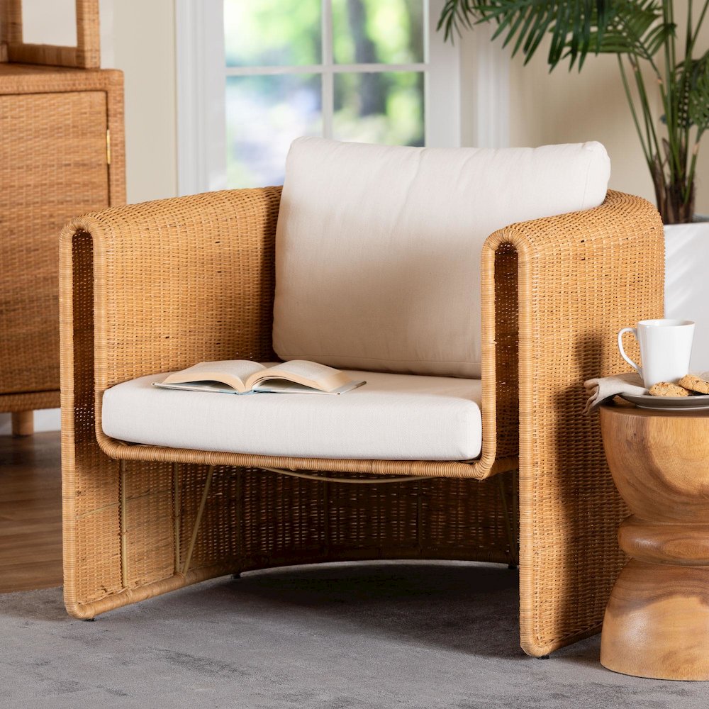 Natural Rattan Armchair with Cushion - Handwoven Lounge Chair. Picture 9