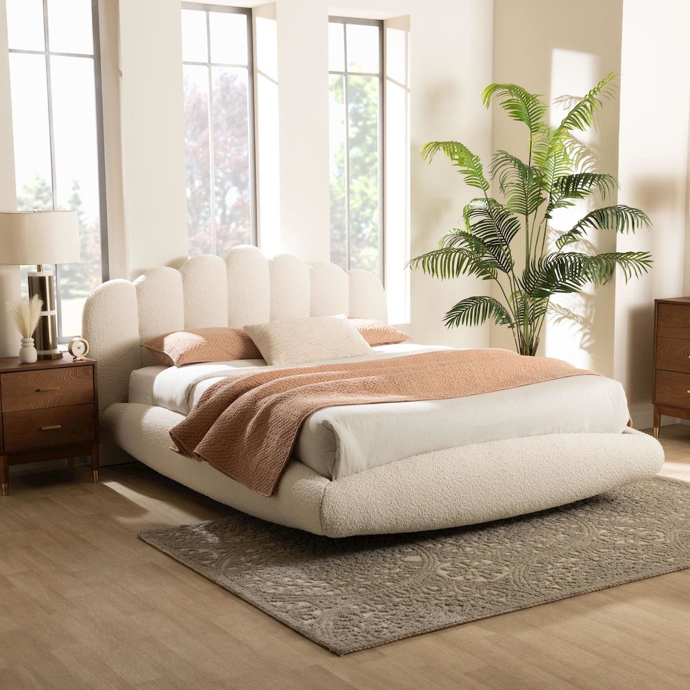 Grenier Modern Cream Boucle Fabric King Size Floating Bed. Picture 6