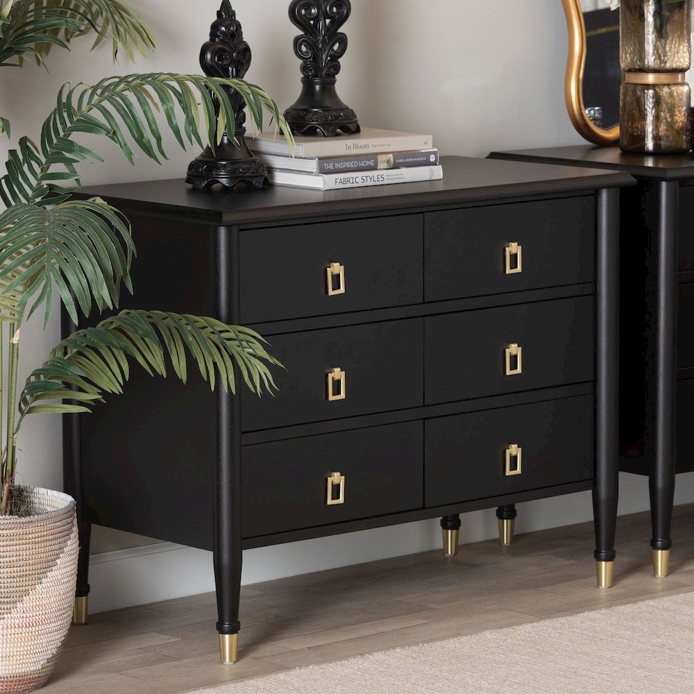 Black Wood Chest with Drawers with Metallic Accents, 6-Drawer. Picture 10