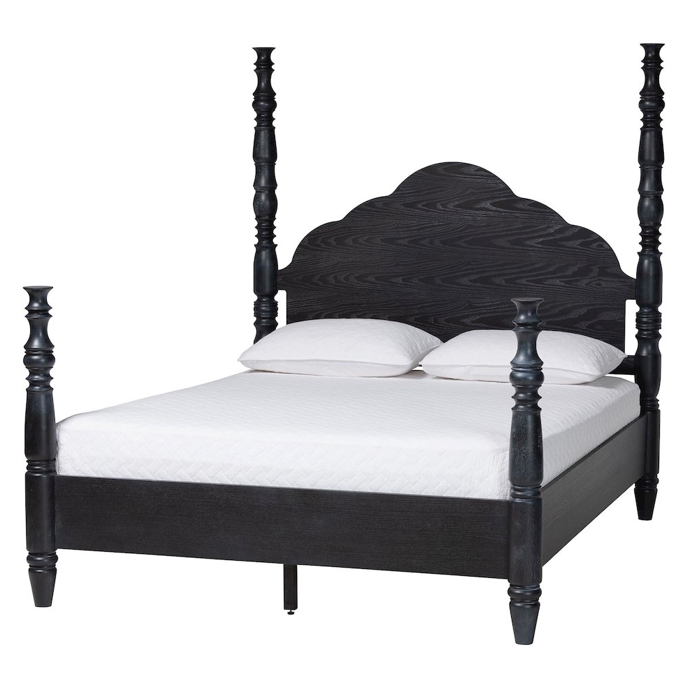 Four-Poster Platform Bed - Sculpted Post Bed Frame, Black, King. Picture 1